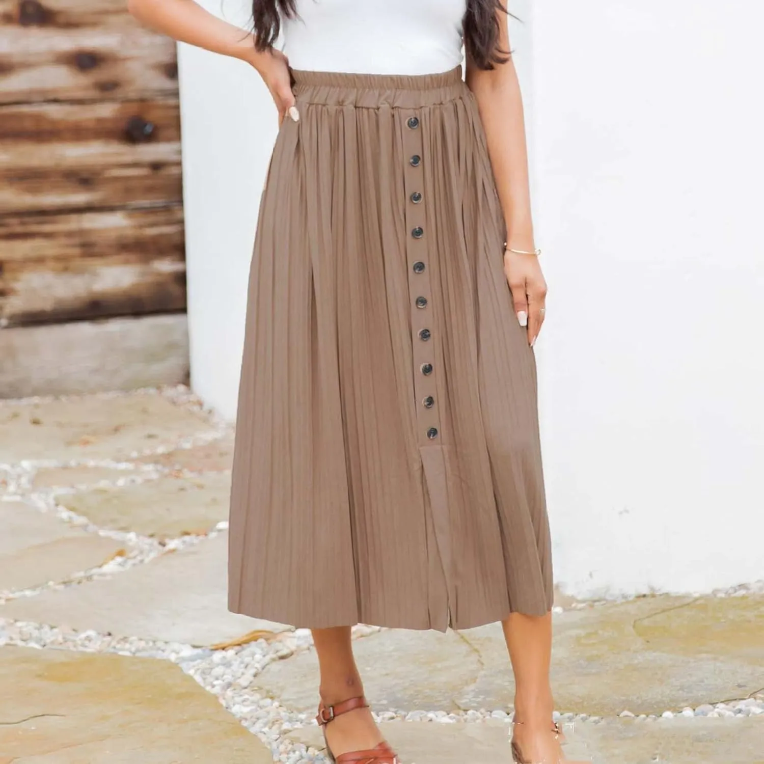 Midi Skirt for Women Summer Vintage Stretch High Waist Button Front A-Line Skirts Casual Solid Flowy Pleated Skirt