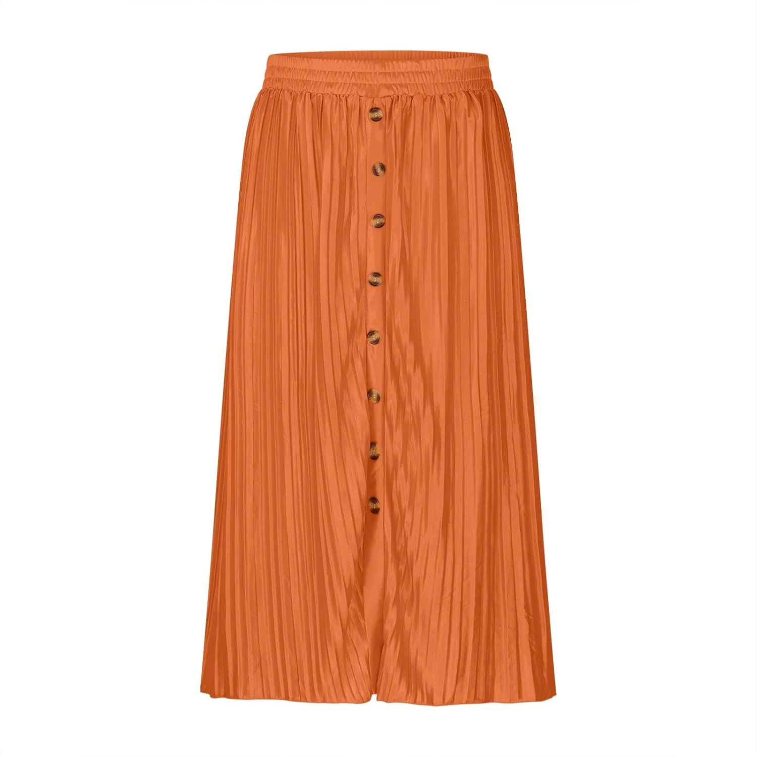 Midi Skirt for Women Summer Vintage Stretch High Waist Button Front A-Line Skirts Casual Solid Flowy Pleated Skirt