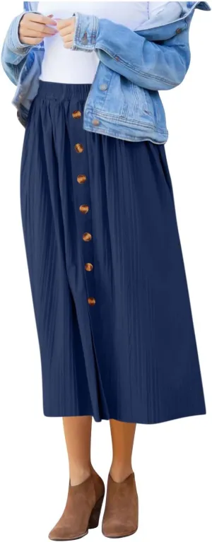 Midi Skirt for Women Summer Vintage Stretch High Waist Button Front A-Line Skirts Casual Solid Flowy Pleated Skirt