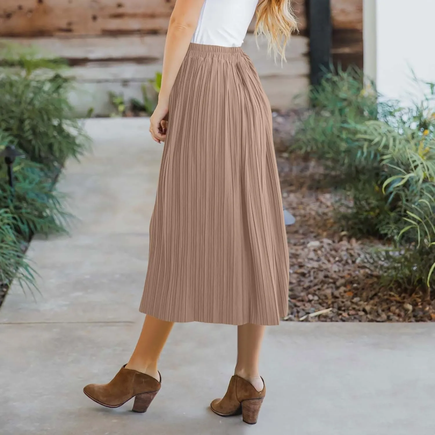 Midi Skirt for Women Summer Vintage Stretch High Waist Button Front A-Line Skirts Casual Solid Flowy Pleated Skirt