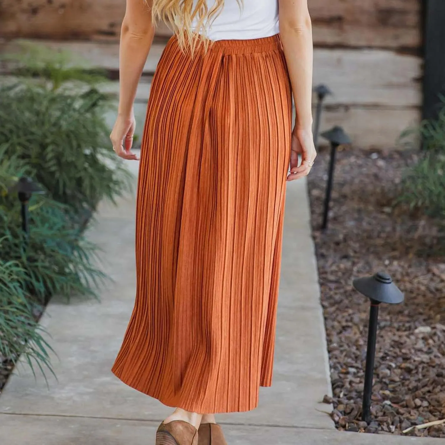 Midi Skirt for Women Summer Vintage Stretch High Waist Button Front A-Line Skirts Casual Solid Flowy Pleated Skirt