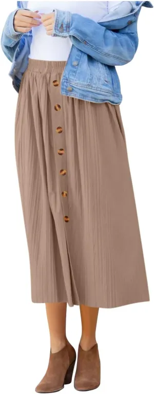 Midi Skirt for Women Summer Vintage Stretch High Waist Button Front A-Line Skirts Casual Solid Flowy Pleated Skirt
