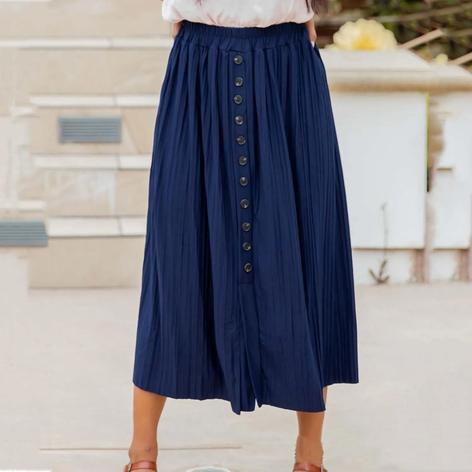 Midi Skirt for Women Summer Vintage Stretch High Waist Button Front A-Line Skirts Casual Solid Flowy Pleated Skirt