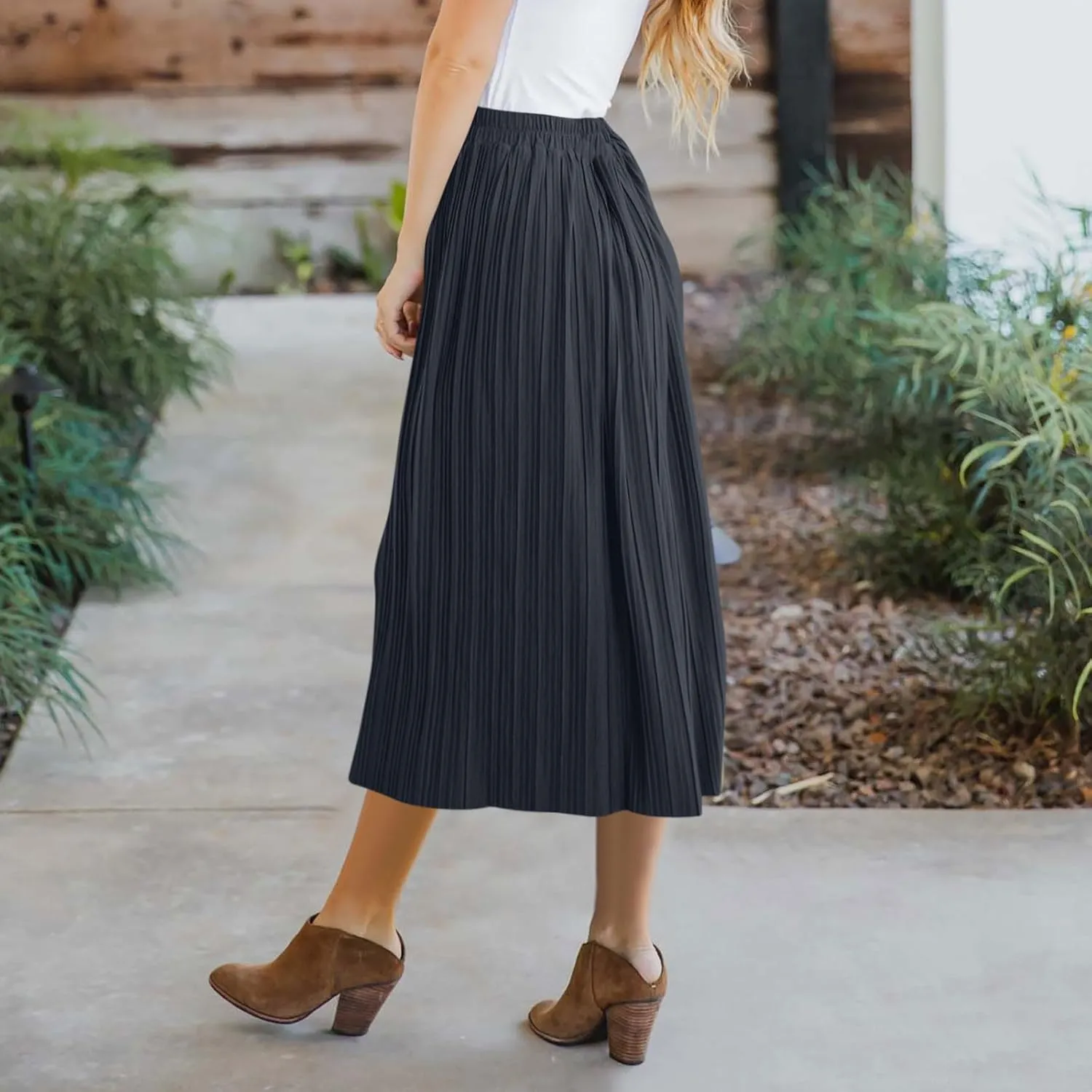 Midi Skirt for Women Summer Vintage Stretch High Waist Button Front A-Line Skirts Casual Solid Flowy Pleated Skirt