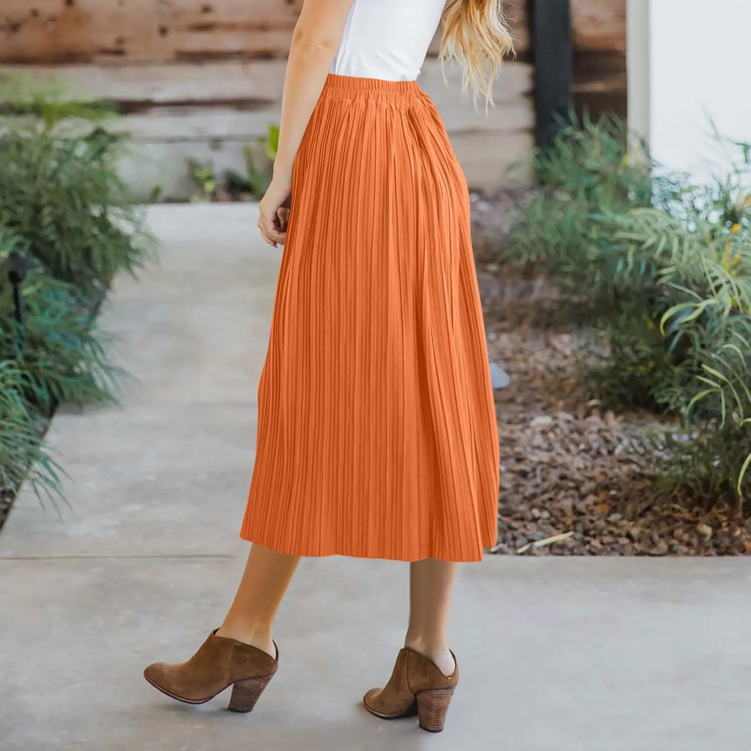 Midi Skirt for Women Summer Vintage Stretch High Waist Button Front A-Line Skirts Casual Solid Flowy Pleated Skirt