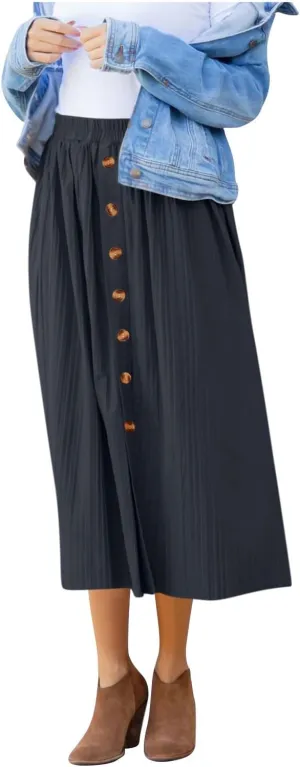 Midi Skirt for Women Summer Vintage Stretch High Waist Button Front A-Line Skirts Casual Solid Flowy Pleated Skirt