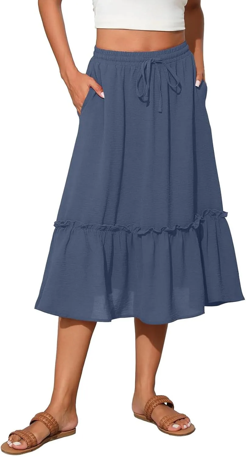 Midi Skirts for Women,2025 Summer Trendy Floral Print High Elastic Boho Skirts,Flowy Ruched Tiered Swing Beach Dress