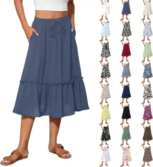 Midi Skirts for Women,2025 Summer Trendy Floral Print High Elastic Boho Skirts,Flowy Ruched Tiered Swing Beach Dress