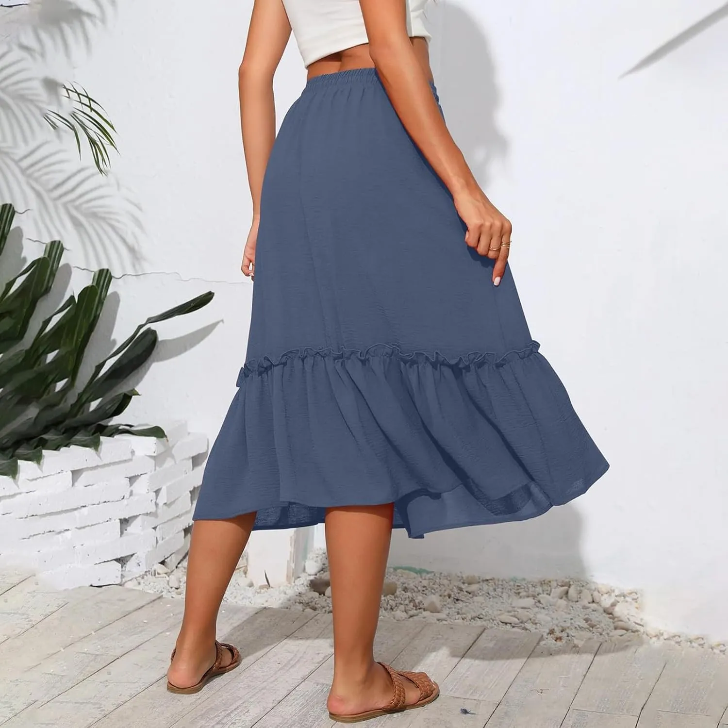 Midi Skirts for Women,2025 Summer Trendy Floral Print High Elastic Boho Skirts,Flowy Ruched Tiered Swing Beach Dress