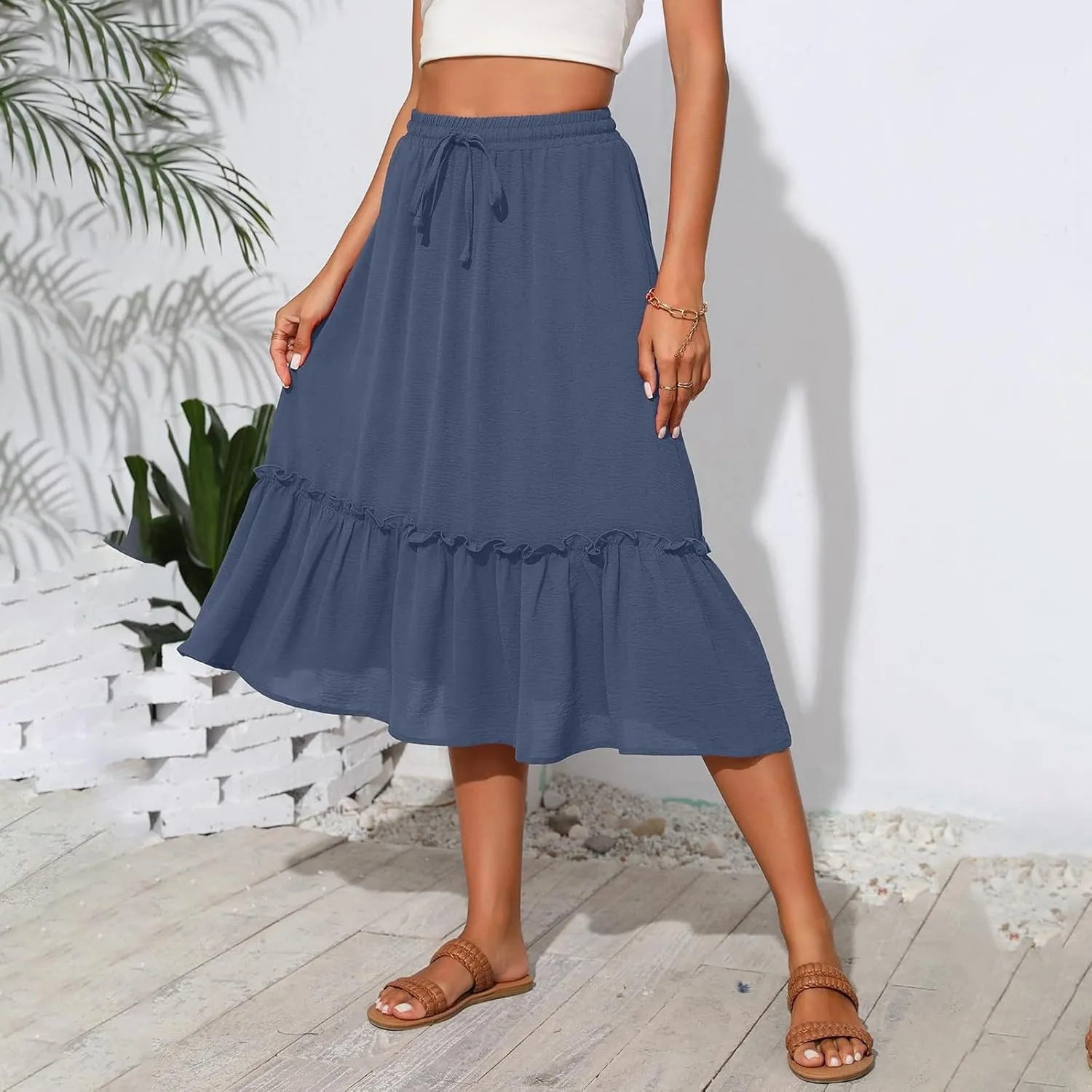 Midi Skirts for Women,2025 Summer Trendy Floral Print High Elastic Boho Skirts,Flowy Ruched Tiered Swing Beach Dress