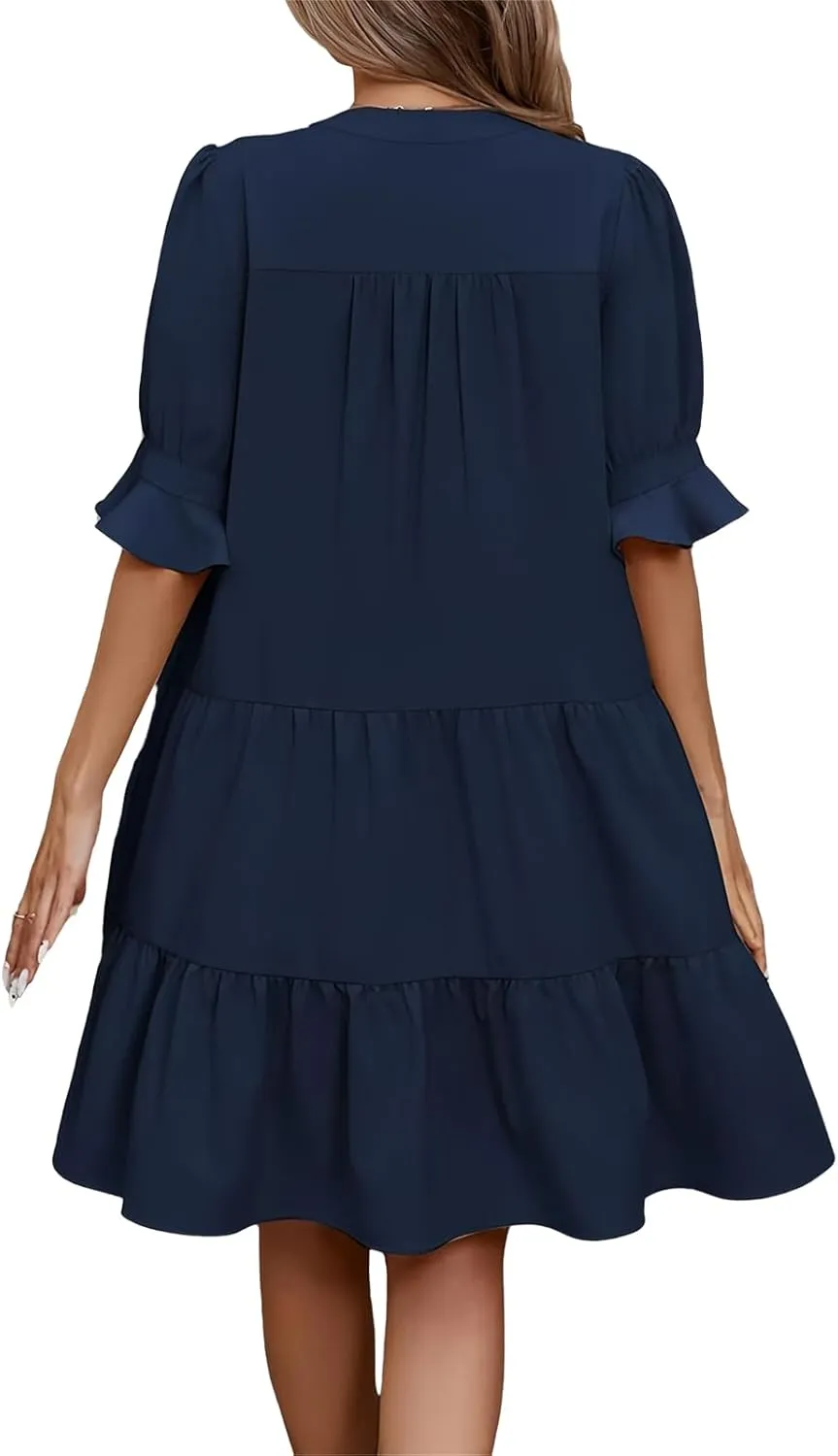 Mini Dresses for Women Casual Short Puff Sleeve Dress Loose V Neck Flowy Sundress Elegant Tiered Swing A Line Dress