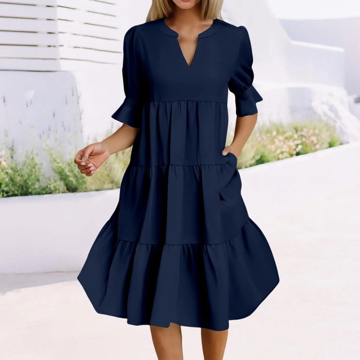Mini Dresses for Women Casual Short Puff Sleeve Dress Loose V Neck Flowy Sundress Elegant Tiered Swing A Line Dress