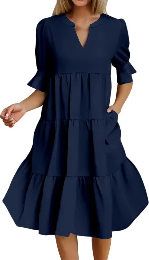 Mini Dresses for Women Casual Short Puff Sleeve Dress Loose V Neck Flowy Sundress Elegant Tiered Swing A Line Dress