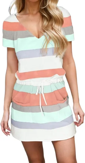 Mini Dresses for Women Summer Casual Striped Dress V Neck Short Sleeve Dress Drawstring Loose Sundress with Pockets