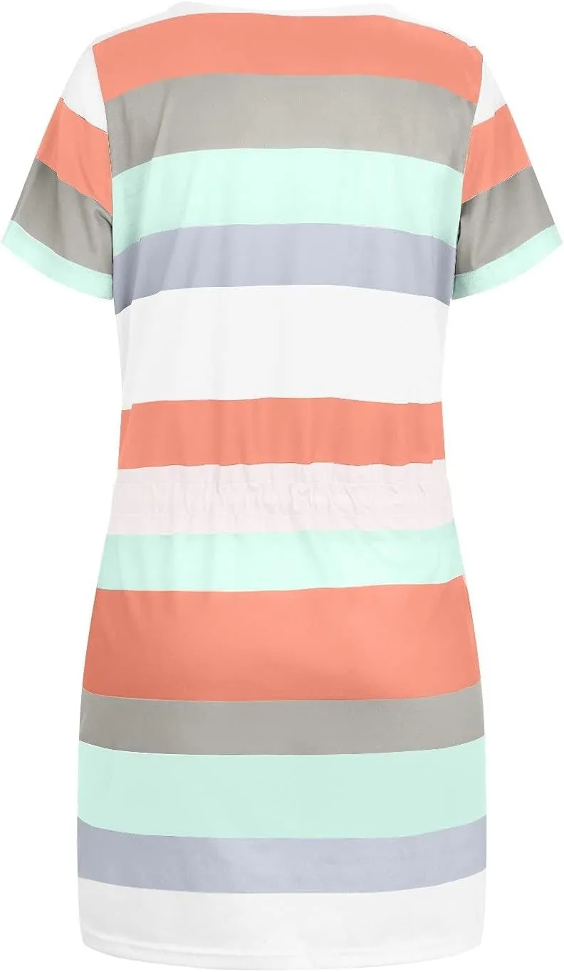 Mini Dresses for Women Summer Casual Striped Dress V Neck Short Sleeve Dress Drawstring Loose Sundress with Pockets