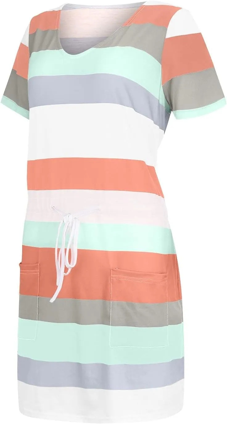Mini Dresses for Women Summer Casual Striped Dress V Neck Short Sleeve Dress Drawstring Loose Sundress with Pockets