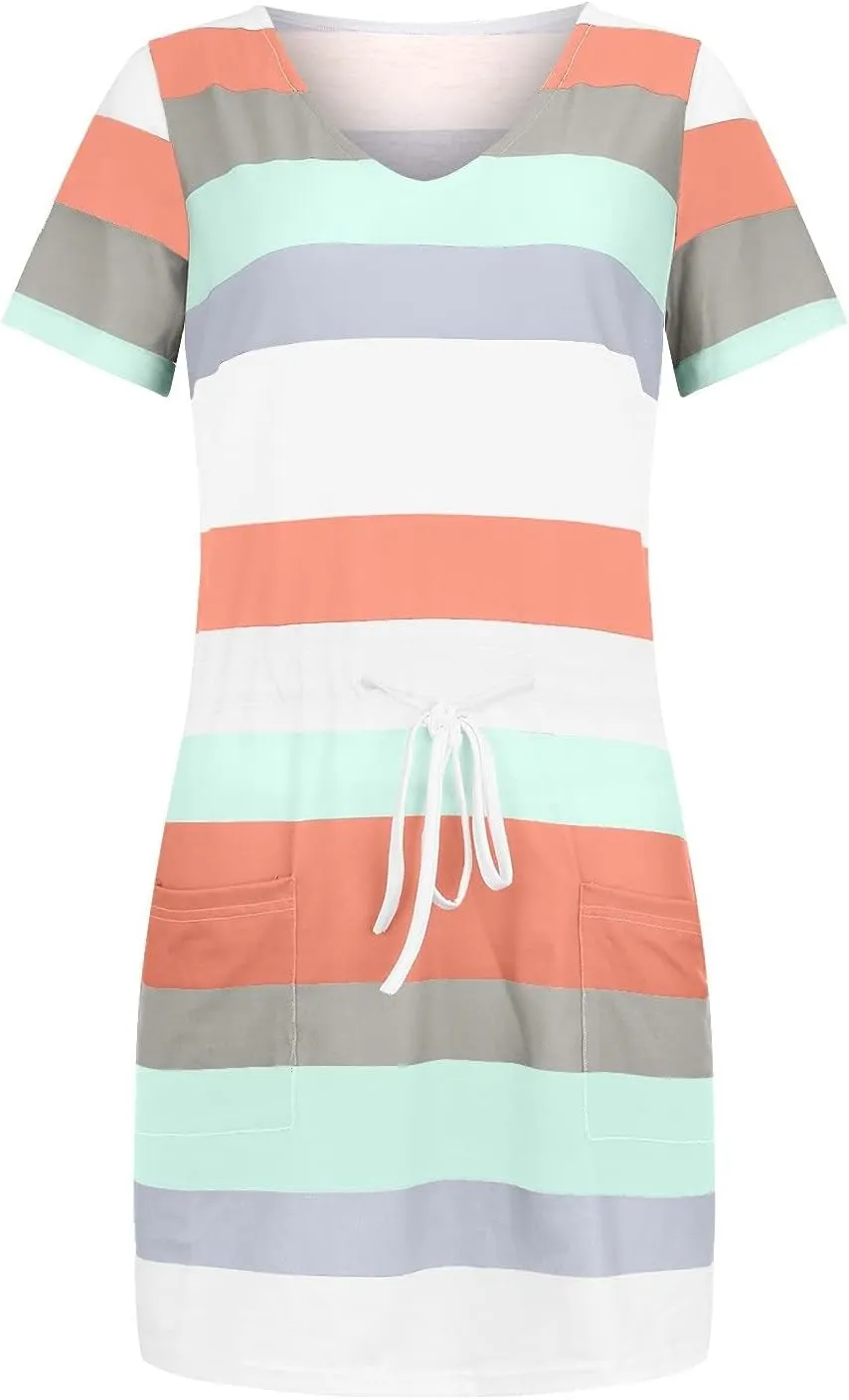 Mini Dresses for Women Summer Casual Striped Dress V Neck Short Sleeve Dress Drawstring Loose Sundress with Pockets