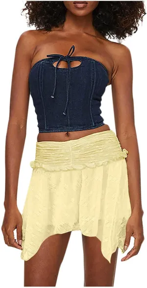 Mini Skirt for Women Solid Sexy Lace Low Rise Layered Pleated Flowy Skirts Casual Fashion Flowy Asymmetrical Skorts