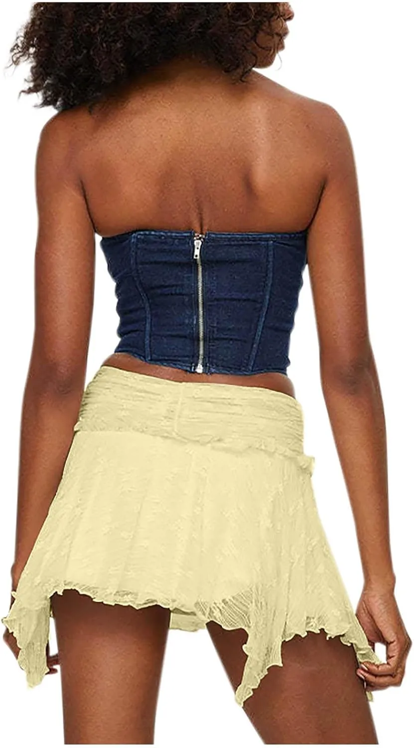 Mini Skirt for Women Solid Sexy Lace Low Rise Layered Pleated Flowy Skirts Casual Fashion Flowy Asymmetrical Skorts