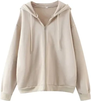 MISSACTIVER Women’s Vintage Solid Drawstring Hoodies Zip Up Oversized E-girl 90s Sweatshirt Basic Jacket With Pockets