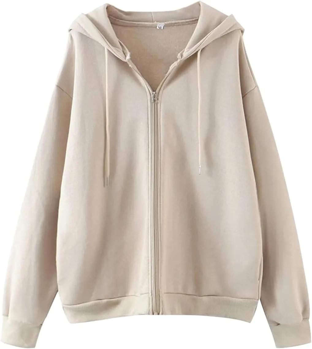 MISSACTIVER Women’s Vintage Solid Drawstring Hoodies Zip Up Oversized E-girl 90s Sweatshirt Basic Jacket With Pockets