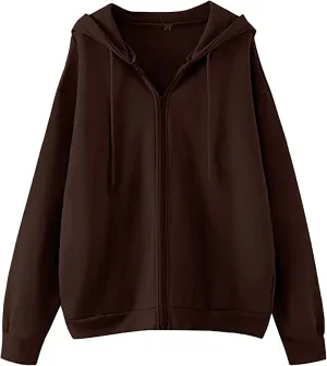 MISSACTIVER Women’s Vintage Solid Drawstring Hoodies Zip Up Oversized E-girl 90s Sweatshirt Basic Jacket With Pockets