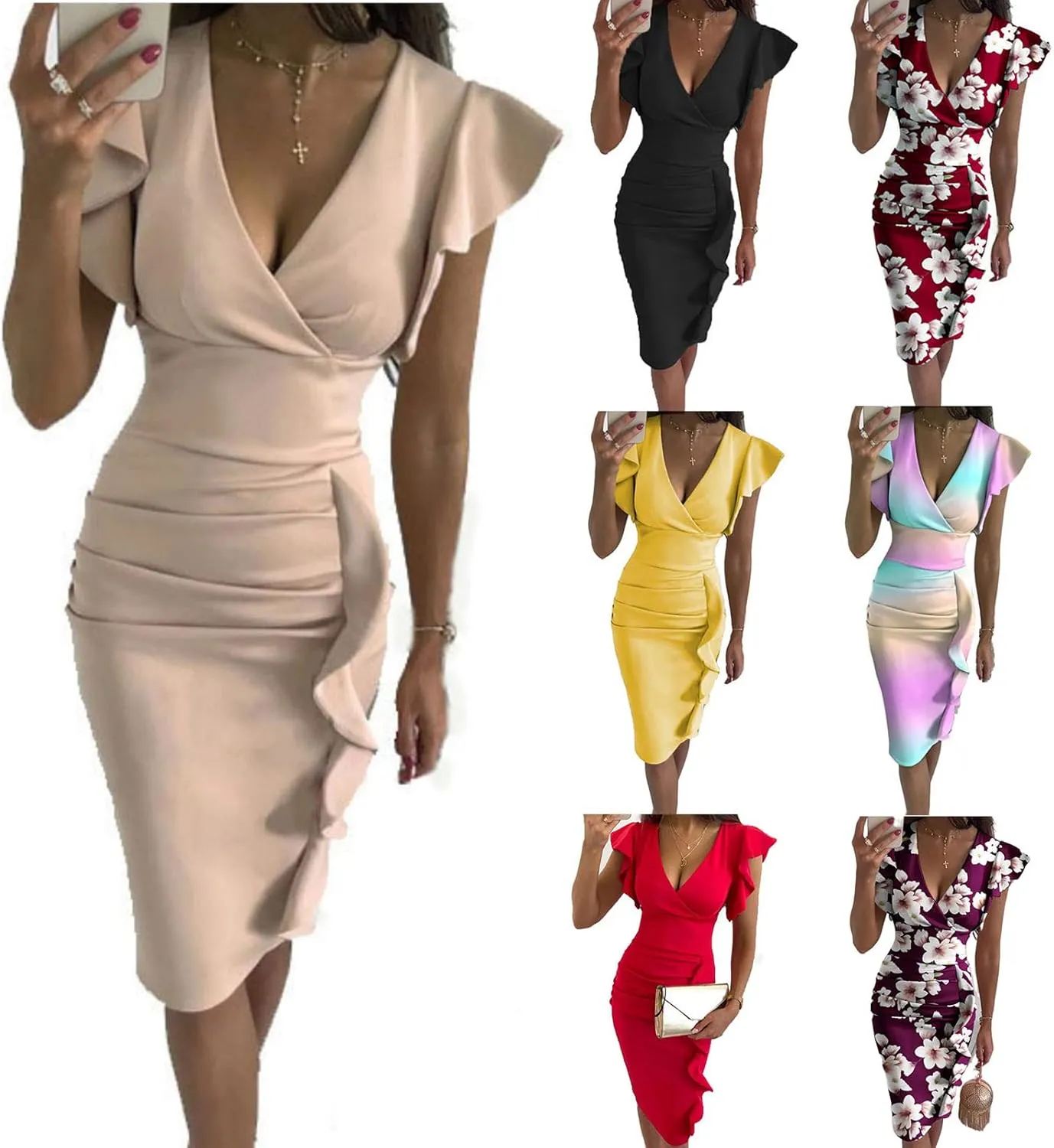 Mmoneyake Womens Ruffle Sleeve Dress Deep V Neck Ruffle Hem Work Pencil Sheath Dress Ruched Bodycon Mini Party Cocktail Dress