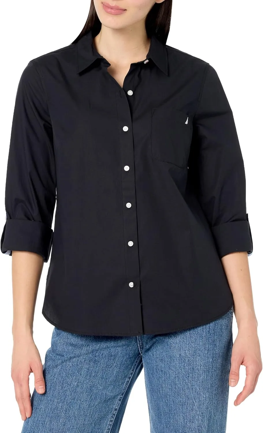 Nautica Women's Button Front Long Sleeve Roll Tab Shirt