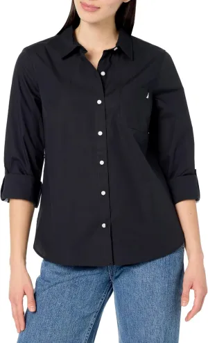 Nautica Women's Button Front Long Sleeve Roll Tab Shirt