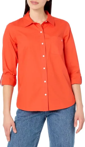 Nautica Women's Button Front Long Sleeve Roll Tab Shirt