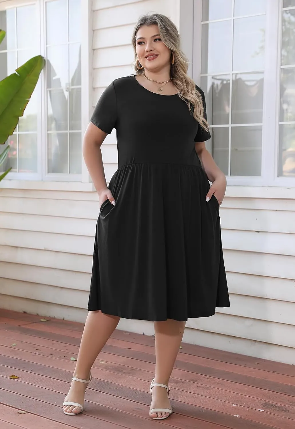 Nemidor Plus Size Casual Dresses for Curvy Women Summer Short Sleeve Fit and Flare Midi Swing Dress with Pocket