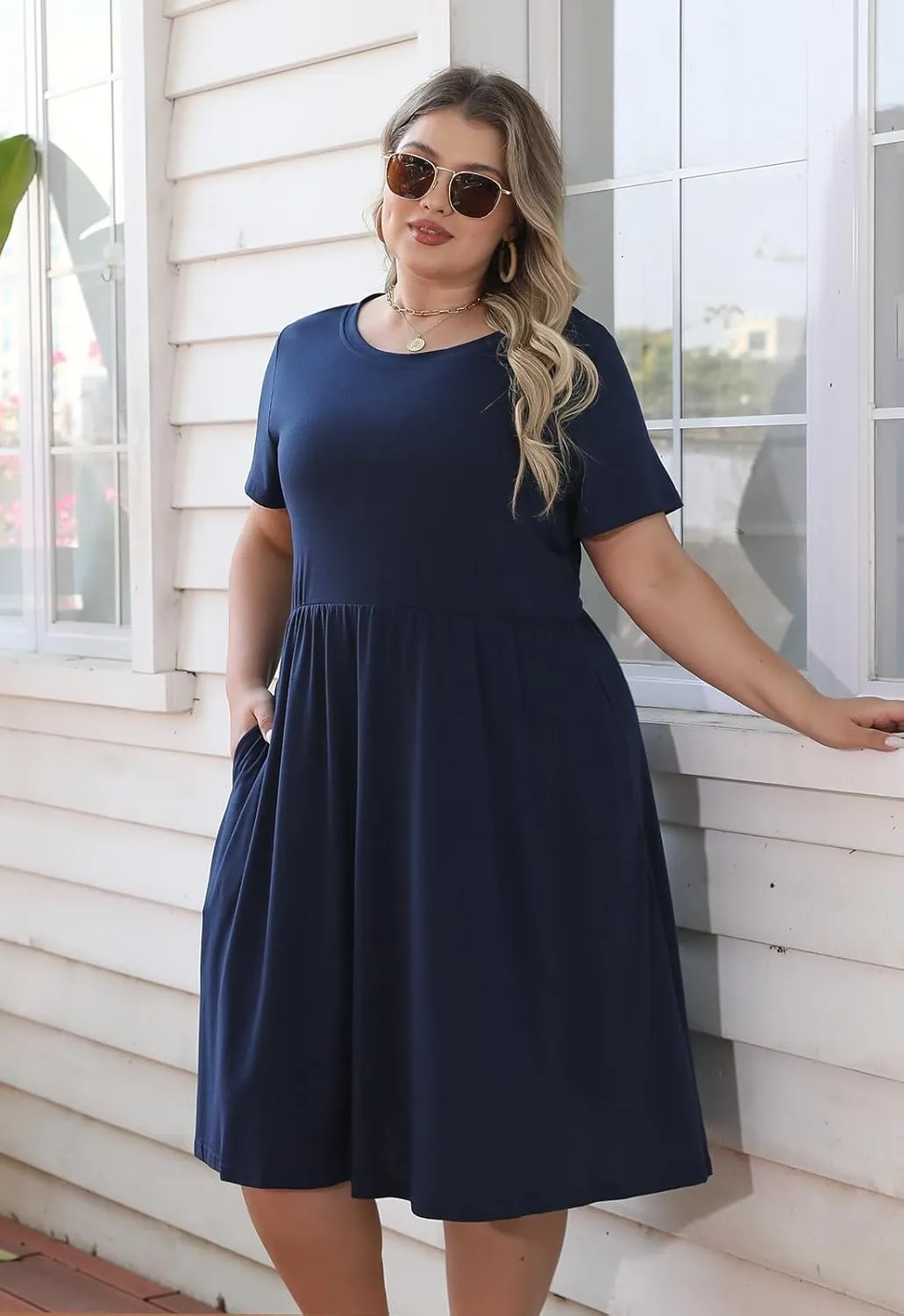 Nemidor Plus Size Casual Dresses for Curvy Women Summer Short Sleeve Fit and Flare Midi Swing Dress with Pocket