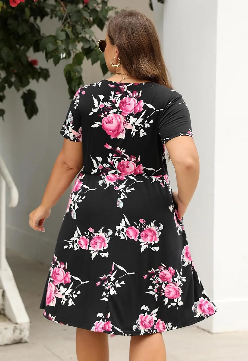 Nemidor Plus Size Casual Dresses for Curvy Women Summer Short Sleeve Fit and Flare Midi Swing Dress with Pocket