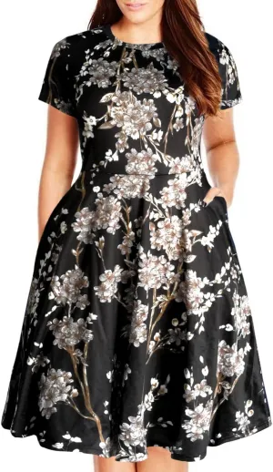 Nemidor Plus Size Casual Dresses for Curvy Women Summer Short Sleeve Fit and Flare Midi Swing Dress with Pocket