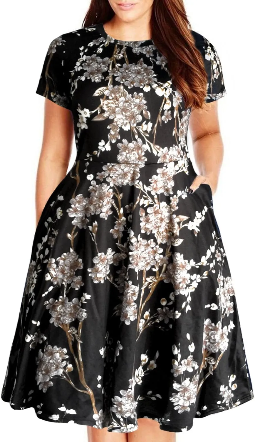 Nemidor Plus Size Casual Dresses for Curvy Women Summer Short Sleeve Fit and Flare Midi Swing Dress with Pocket