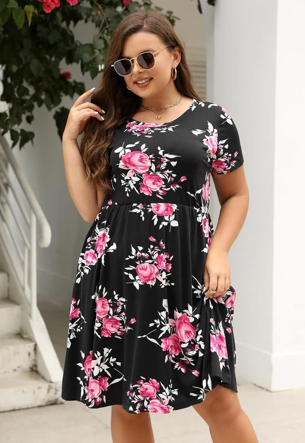 Nemidor Plus Size Casual Dresses for Curvy Women Summer Short Sleeve Fit and Flare Midi Swing Dress with Pocket