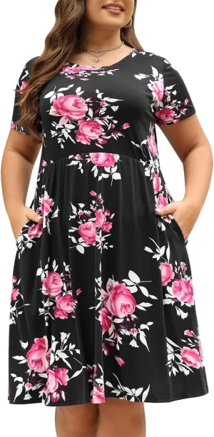 Nemidor Plus Size Casual Dresses for Curvy Women Summer Short Sleeve Fit and Flare Midi Swing Dress with Pocket