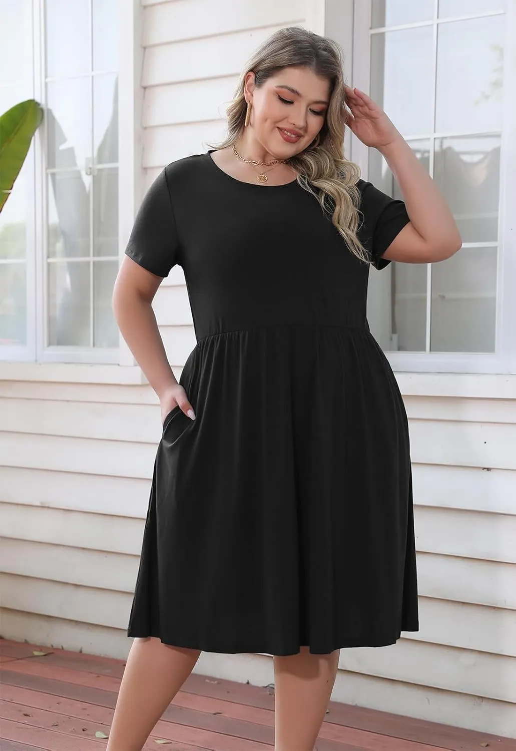 Nemidor Plus Size Casual Dresses for Curvy Women Summer Short Sleeve Fit and Flare Midi Swing Dress with Pocket