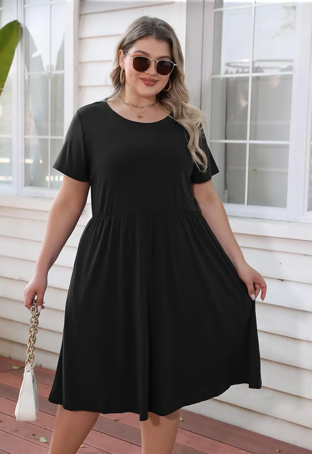 Nemidor Plus Size Casual Dresses for Curvy Women Summer Short Sleeve Fit and Flare Midi Swing Dress with Pocket