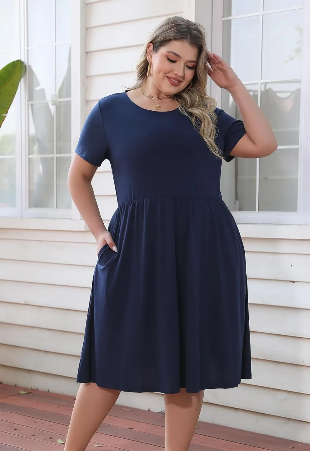 Nemidor Plus Size Casual Dresses for Curvy Women Summer Short Sleeve Fit and Flare Midi Swing Dress with Pocket
