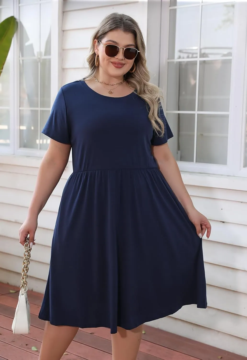 Nemidor Plus Size Casual Dresses for Curvy Women Summer Short Sleeve Fit and Flare Midi Swing Dress with Pocket