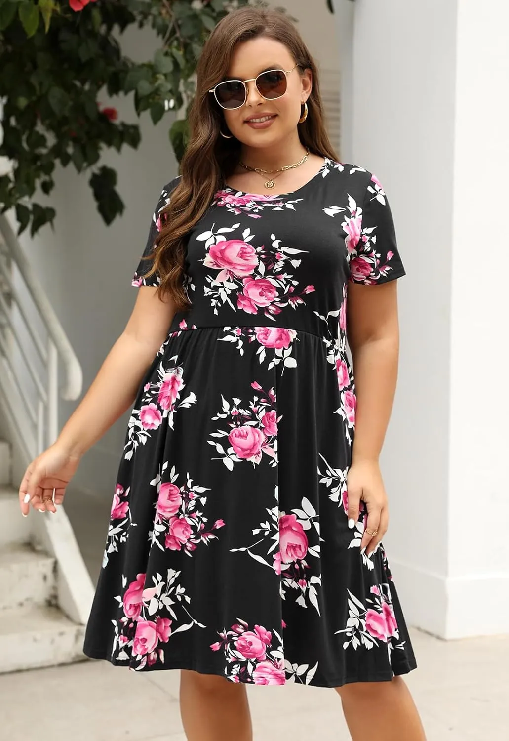 Nemidor Plus Size Casual Dresses for Curvy Women Summer Short Sleeve Fit and Flare Midi Swing Dress with Pocket
