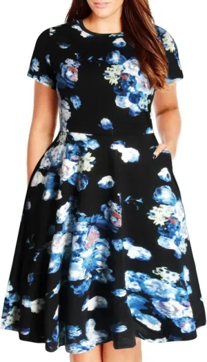Nemidor Plus Size Casual Dresses for Curvy Women Summer Short Sleeve Fit and Flare Midi Swing Dress with Pocket
