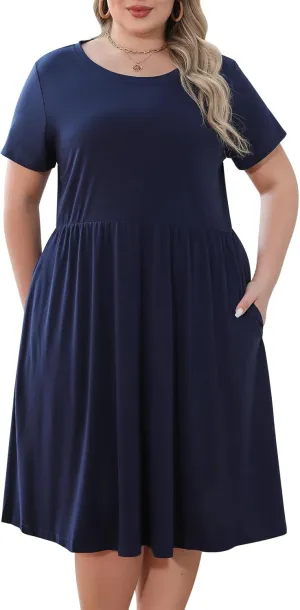 Nemidor Plus Size Casual Dresses for Curvy Women Summer Short Sleeve Fit and Flare Midi Swing Dress with Pocket