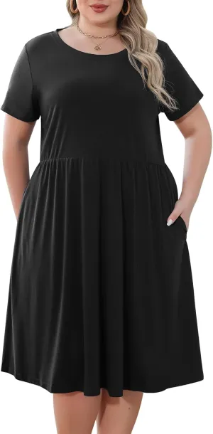 Nemidor Plus Size Casual Dresses for Curvy Women Summer Short Sleeve Fit and Flare Midi Swing Dress with Pocket