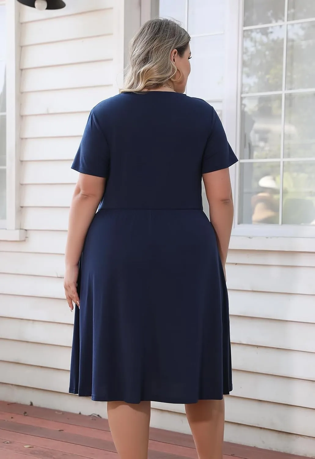 Nemidor Plus Size Casual Dresses for Curvy Women Summer Short Sleeve Fit and Flare Midi Swing Dress with Pocket