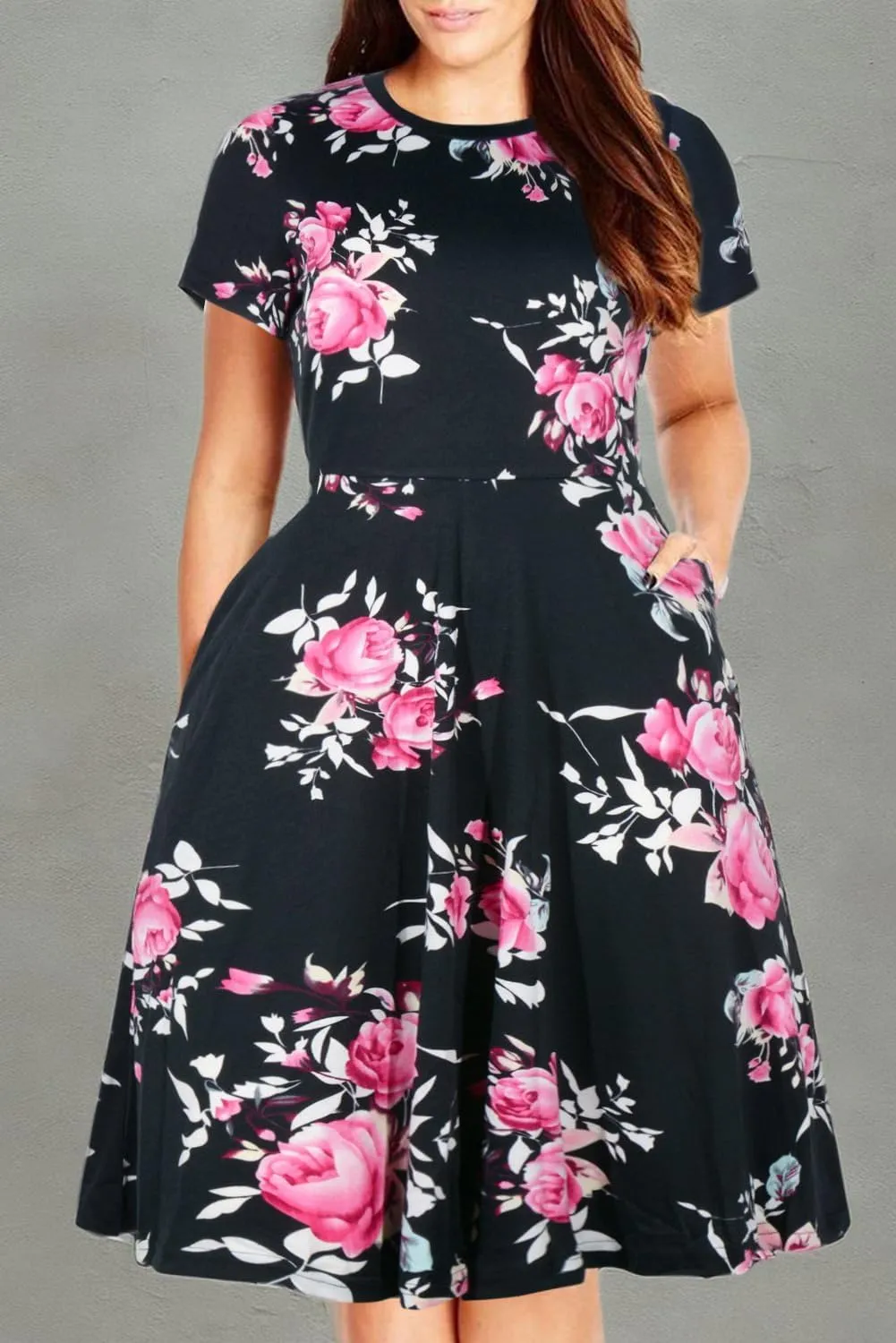 Nemidor Plus Size Casual Dresses for Curvy Women Summer Short Sleeve Fit and Flare Midi Swing Dress with Pocket