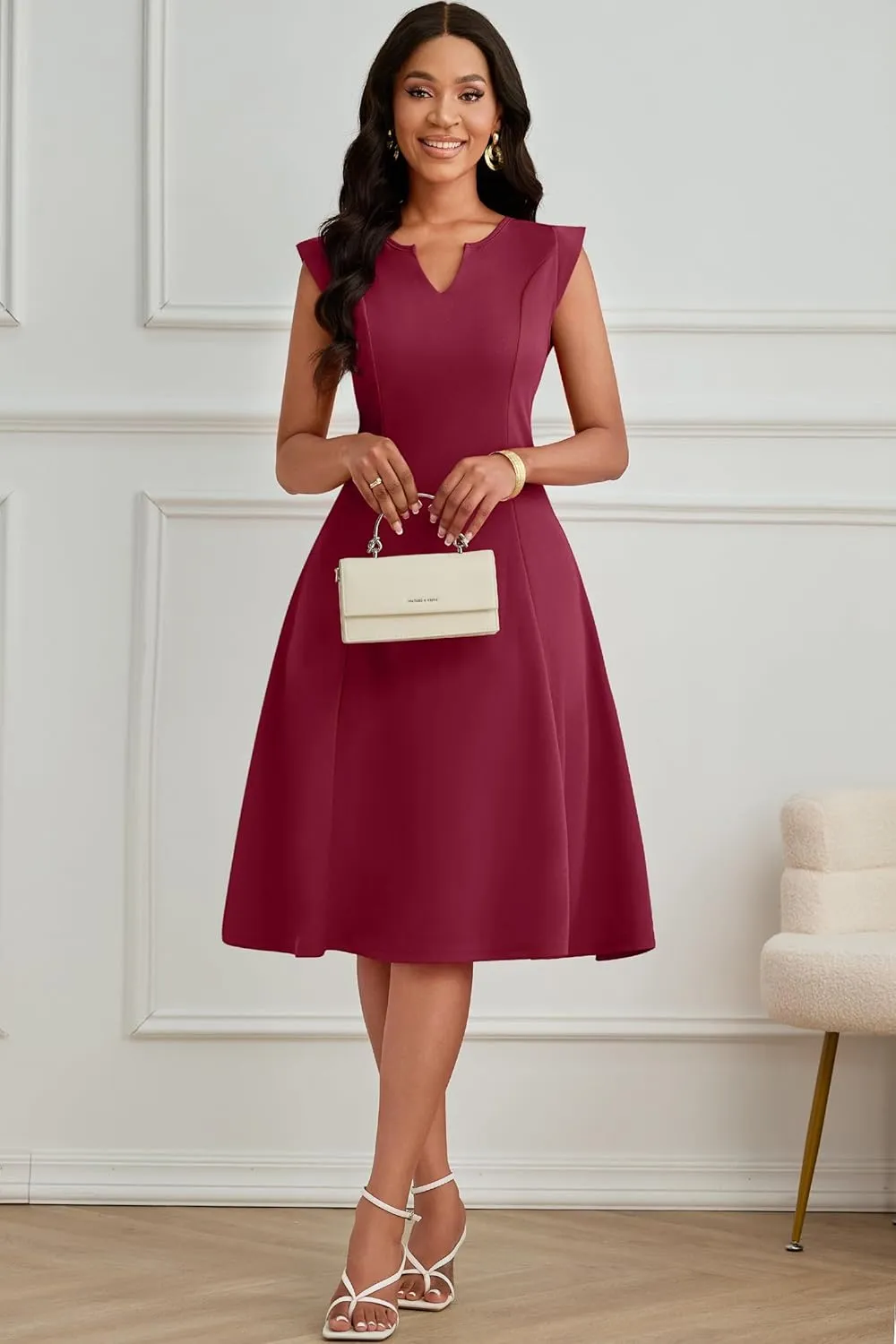 Nmoder Midi Dresses for Women Casual Elegant Fit and Flare Dress Sleevelesss A Line V Neck Church Wedding Guest Dress