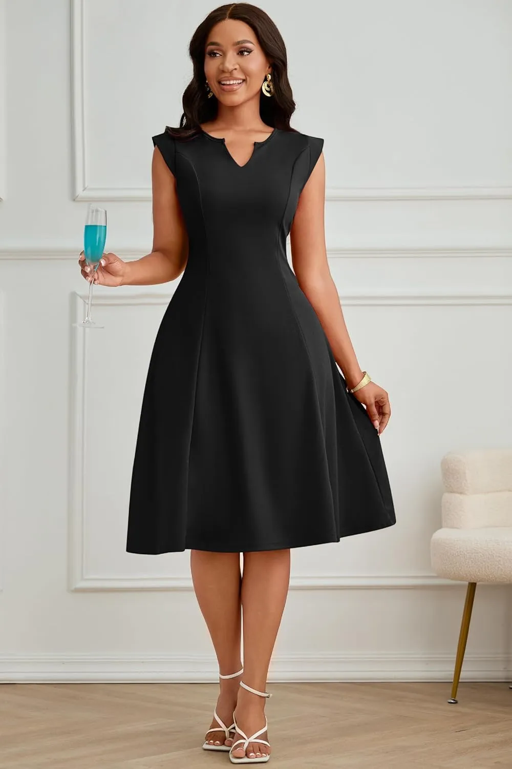 Nmoder Midi Dresses for Women Casual Elegant Fit and Flare Dress Sleevelesss A Line V Neck Church Wedding Guest Dress