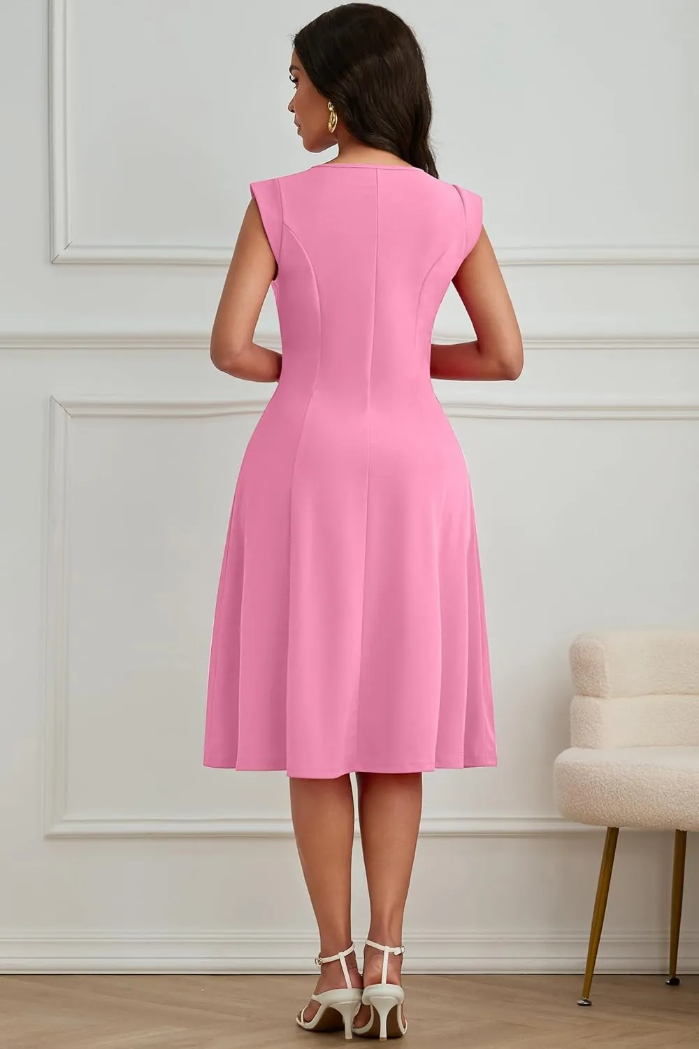 Nmoder Midi Dresses for Women Casual Elegant Fit and Flare Dress Sleevelesss A Line V Neck Church Wedding Guest Dress